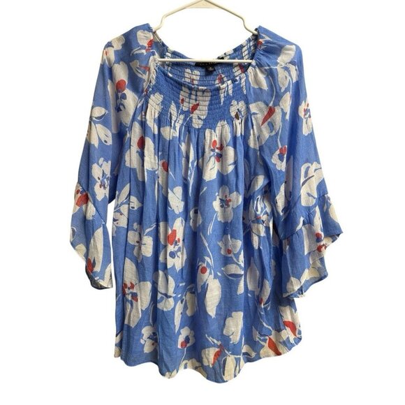 Rachel Tops - Zac & Rachel Blue Floral Peasant Blouse XL Smocked Neck Boho Top